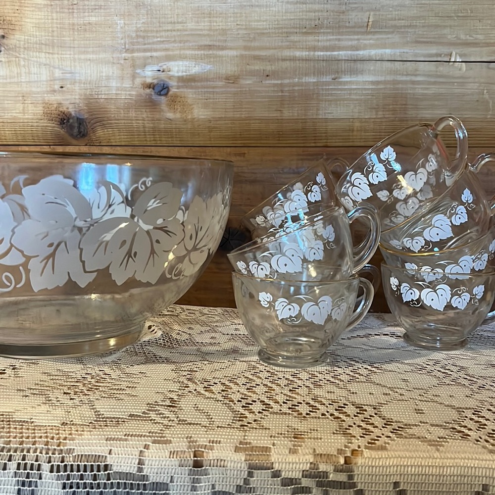 Anchor Hocking Punch Bowl -  White Leaves Design/Gold Accent